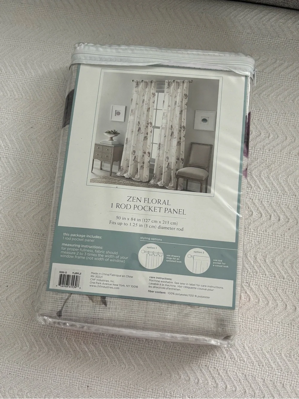 🦋iHome Zen Floral One Rod Pocket Curtain Panel - White with Purple Floral 2 pack